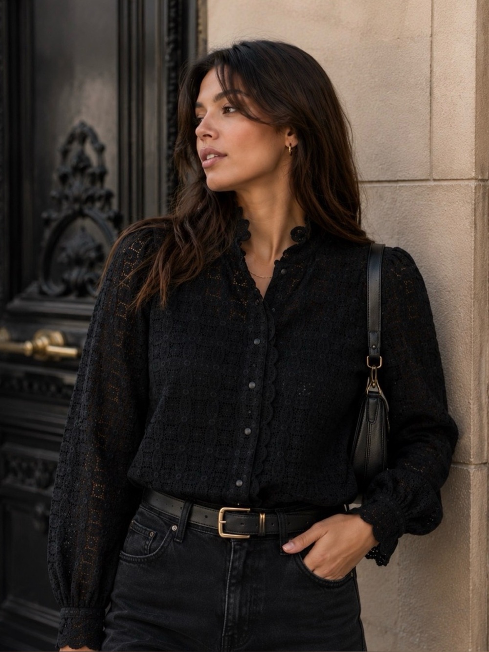 Sezane Chlo Shirt Black Guipure - Size 4